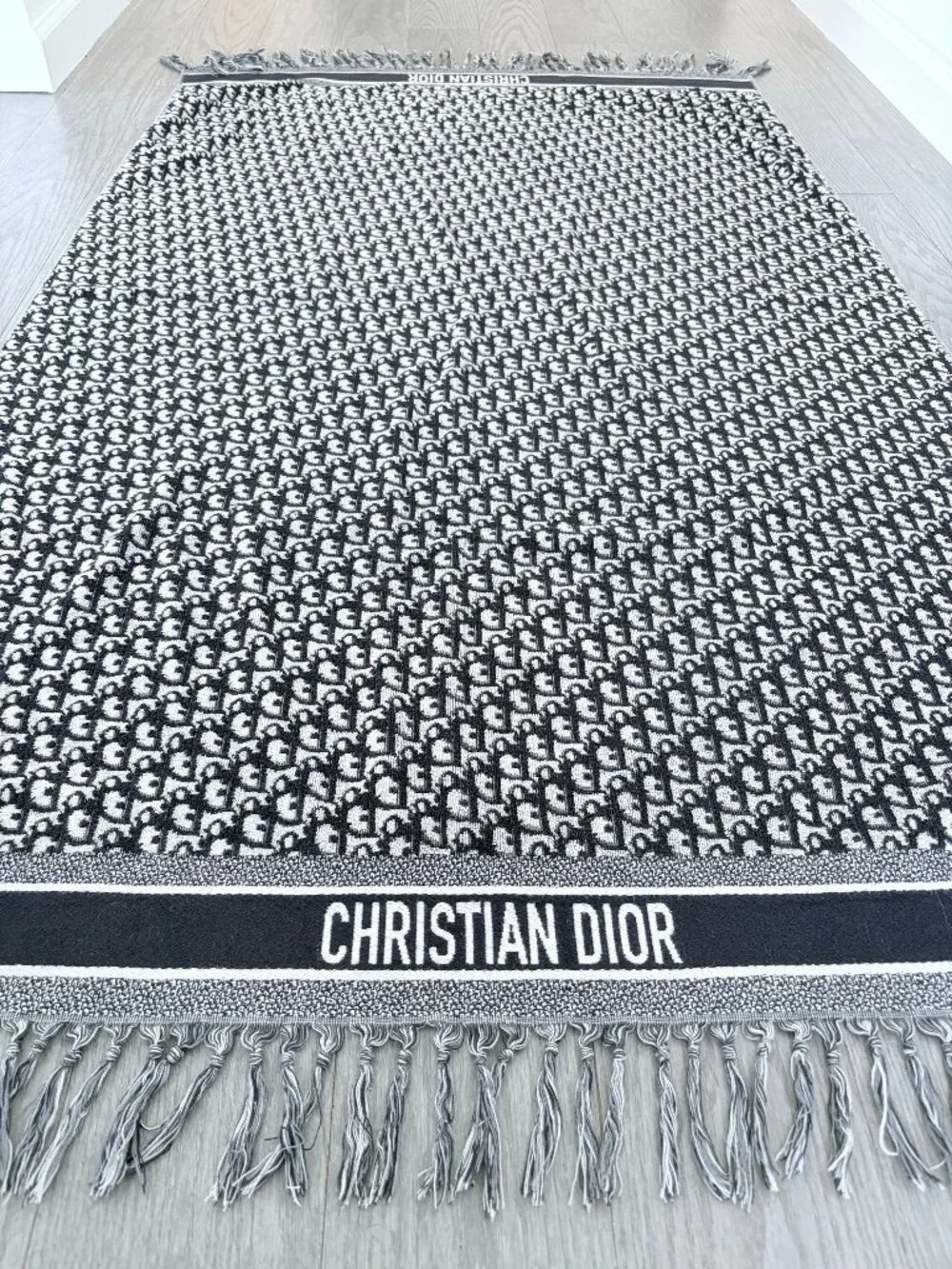 Christian Dior Navy Blue Oblique Beach Towel With Tassel Fringe